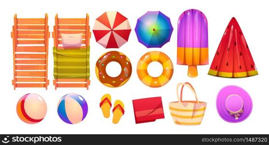 Swimming pool set with deck chairs, umbrellas, inflatable rubber rings and rafts. Vector cartoon accessories for summer rest, hat, bag, flip flops sandals, beach balls and towel isolated on white. Swimming pool accessories for summer rest