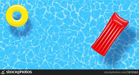 Swimming pool top view background. Rubber ring and raft floating on water. Colorful vector poster template for summer holiday. Hello summer web banner. Vector illustration in flat style. Swimming pool top view background. Rubber ring and raft floating on water