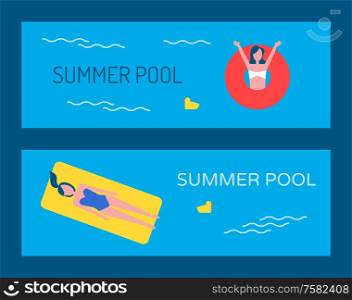 Swimming pool vector banner with people bathing. Young ladies in swimsuits floating on lifebuoy and air mattress on wavy water with small yellow duck. Swimming Pool Vector Banner with People Bathing