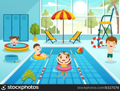 Swimming Pool Vector Illustration with Summer Vacation Landscape Concept and Kids Swim Summer Activity in Cartoon Hand Drawn Background Templates