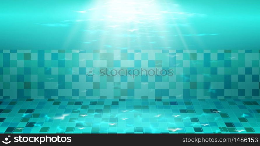 Swimming pool with blue water, ripples and highlights. Texture of water surface and tiled bottom. Overhead view. Summer background.