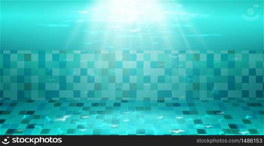 Swimming pool with blue water, ripples and highlights. Texture of water surface and tiled bottom. Overhead view. Summer background.