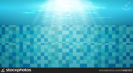 Swimming pool with blue water, ripples and highlights. Texture of water surface and tiled bottom. Overhead view. Summer background.