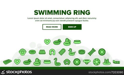 Swimming Ring And Pool Mattress Landing Web Page Header Banner Template Vector. Swimming Ring In Different Form, Duck And Donut, Heart And Shell, Horse And Flamingo Illustrations. Swimming Ring And Pool Landing Header Vector