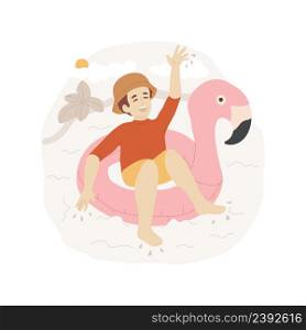 Swimming ring isolated cartoon vector illustration Kid in pink flamingo ring floating in a pool, swimming with lifebuoy, leisure activity on water, relax time, summer vacation vector cartoon.. Swimming ring isolated cartoon vector illustration