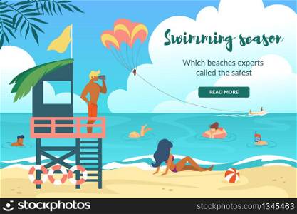 Swimming Season Horizontal Banner with Young Lifesaver Stand on Sea Tower Watching in Binoculars on Beach with Relaxing People. Safety, Summertime Vacation, Leisure. Cartoon Flat Vector Illustration.. Lifesaver on Tower Watching on Beach with People