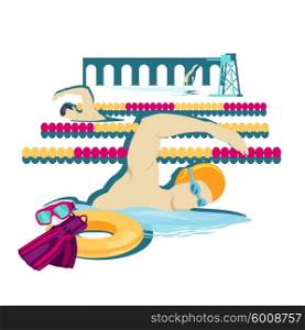 Swimming sport concept icon flat design. Water swim crawl in pool, man fitness, health athlete, swimmer and competition, person sportsman, professional activity. Swimming sport illustration