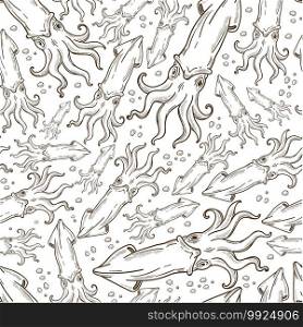 Swimming squid seamless pattern. Marine creature with tentacles, living underwater. Fresh seafood for restaurants and diners menu. Fish for cooking. Monochrome sketch outline, vector in flat style. Squid swimming underwater, sea life, animal seamless pattern