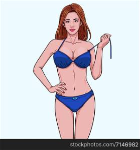 Swimming suit Beach fashion A girl wearing a bikini Illustration vector On pop art comics style Abstract colorful background
