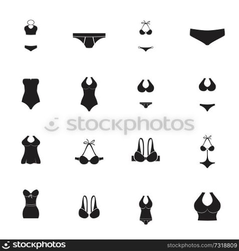 Swimming suits vector collection. Black Swimsuit and bikini icon collection. Different Swimsuit flat icons set. Silhouette swimsuit isolated on white background.