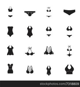Swimming suits vector collection. Black Swimsuit and bikini icon collection. Different Swimsuit flat icons set. Silhouette swimsuit isolated on white background.