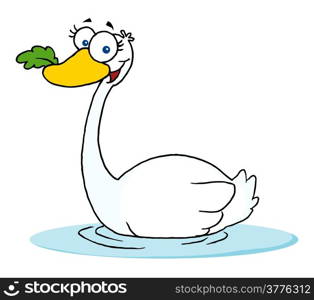 Swimming Swan With A Leaf In Its Beak