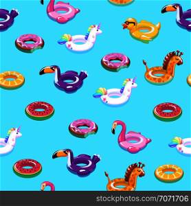 Swimming toys seamless pattern. Pool floating summer inflatable toy sea print float kid fashion textile print vector cartoon. Swimming toys seamless pattern. Pool floating summer inflatable toy sea print float kid fashion textile print cartoon