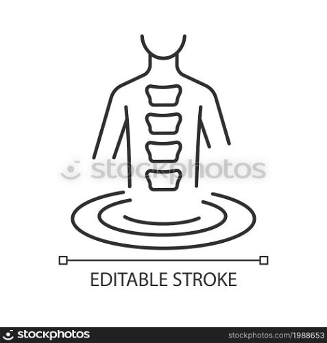 Swimming treatment linear icon. Scoliosis prevention and correction method. Therapeutic exercise. Thin line customizable illustration. Contour symbol. Vector isolated outline drawing. Editable stroke. Swimming treatment linear icon