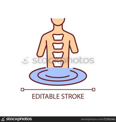 Swimming treatment RGB color icon. Scoliosis prevention and correction method. Therapeutic exercise. Water therapy. Isolated vector illustration. Simple filled line drawing. Editable stroke. Swimming treatment RGB color icon