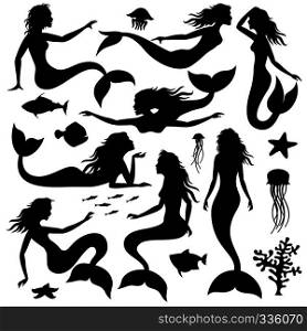 Swimming underwater mermaid black vector silhouettes. Mermaid female with tail black silhouette illustration. Swimming underwater mermaid black vector silhouettes