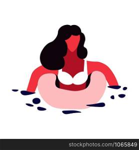 Swimming woman using saving ring, training how to swim vector. Lady wearing bathing suit, active lifestyle of female afraid of water. Pool or sea splashes, girl with lifebuoy protection from drowning. Swimming woman using saving ring, training how to swim