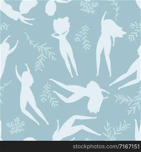 Swimming women silhouettes seamless pattern flat background. Vector woman body, young girl swimming underwater illustration. Swimming women silhouettes seamless pattern flat background