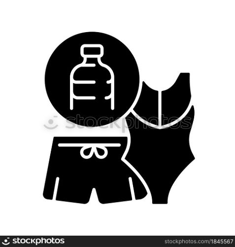 Swimsuit from plastic bottles black glyph icon. Recycled plastic waste. Ethical bathing suit. Made from synthetic textiles. Silhouette symbol on white space. Vector isolated illustration. Swimsuit from plastic bottles black glyph icon