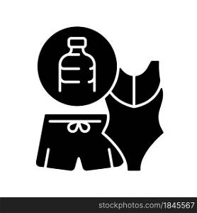 Swimsuit from plastic bottles black glyph icon. Recycled plastic waste. Ethical bathing suit. Made from synthetic textiles. Silhouette symbol on white space. Vector isolated illustration. Swimsuit from plastic bottles black glyph icon