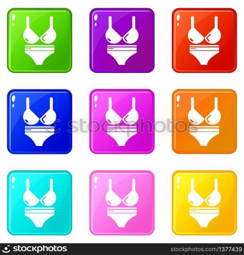 Swimsuit icons set 9 color collection isolated on white for any design. Swimsuit icons set 9 color collection