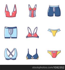 Swimsuit icons set. Cartoon set of 9 swimsuit vector icons for web isolated on white background. Swimsuit icons set, cartoon style