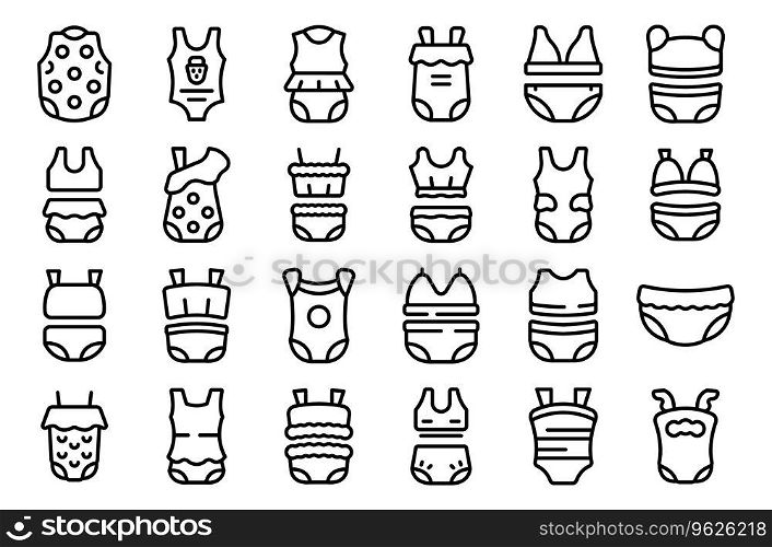 Swimsuits for children icons set outline vector. Swim boy. Beach fun. Swimsuits for children icons set outline vector. Swim boy