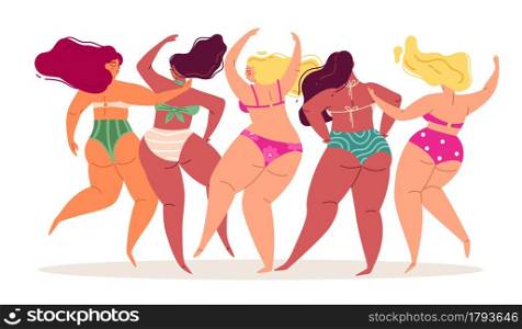 Swimsuits women. Back view body positive different bikini ladies, happy girlfriends dancing, summer beach looks, beautiful big girls. Sexy overweight female characters vector cartoon isolated concept. Swimsuits women. Back view body positive different bikini ladies, happy girlfriends dancing, summer beach looks, beautiful big girls. Sexy female characters vector cartoon isolated concept