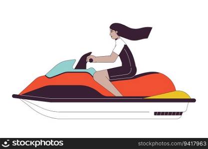 Swimwear arab young woman riding jet ski flat line color vector character. Editable outline full body person on white. Extreme water sport simple cartoon spot illustration for web graphic design. Swimwear arab young woman riding jet ski flat line color vector character