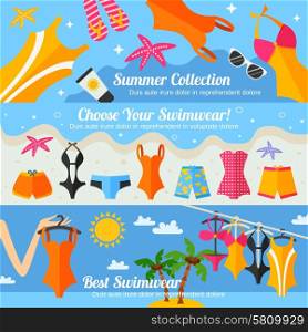 Swimwear Flat Banner Set . Summer beach clothing accessories and swimwear fashion collection flat color horizontal banner set isolated vector illustration