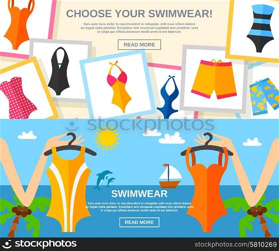 Swimwear Flat Banner Set . Summer female fashion clothing with choose your swimwear text flat color horizontal banner set isolated vector illustration