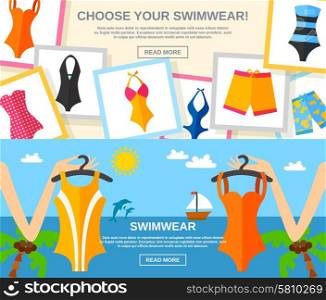 Swimwear Flat Banner Set . Summer female fashion clothing with choose your swimwear text flat color horizontal banner set isolated vector illustration