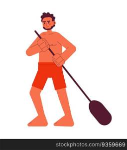 Swimwear man holding paddle semi flat colorful vector character. Physical activity. Paddleboarding. Editable full body person on white. Simple cartoon spot illustration for web graphic design. Swimwear man holding paddle semi flat colorful vector character