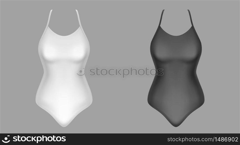 Swimwear mockup, black and white bathing female clothes, beach wear front view. Women fashion, swimsuit model design, isolated objects on grey background Realistic 3d vector icons, mock up, clip art. Swimwear mockup, black and white bathing clothes