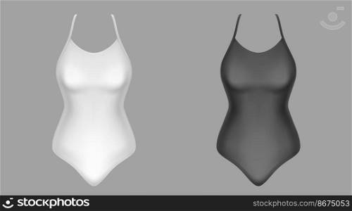 Swimwear mockup, black and white bathing female clothes, beach wear front view. Women fashion, swimsuit model design, isolated objects on grey background Realistic 3d vector icons, mock up, clip art. Swimwear mockup, black and white bathing clothes