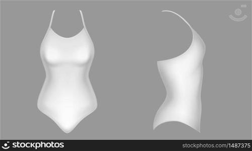 Swimwear mockup, white bathing female clothes, beach wear front side view. Women fashion, swimsuit model design, isolated objects on grey background Realistic 3d vector icons, mock up. Swimwear mockup, white bathing clothes front side