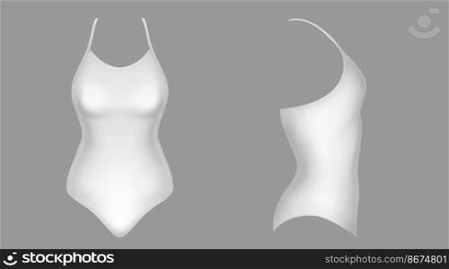 Swimwear mockup, white bathing female clothes, beach wear front side view. Women fashion, swimsuit model design, isolated objects on grey background Realistic 3d vector icons, mock up. Swimwear mockup, white bathing clothes front side