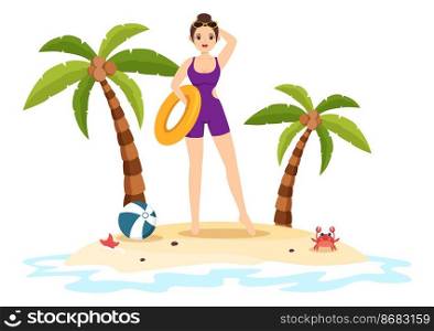 Swimwear with Different Designs of Bikinis and Swimsuits for Women at the Summer Beach in Flat Style Cartoon Hand Drawn Templates Illustration