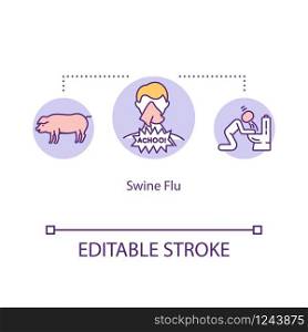Swine flu concept icon. Epidemic in pigs. Disease transfer to humans. Vomit from illness. Influenza virus idea thin line illustration. Vector isolated outline RGB color drawing. Editable stroke