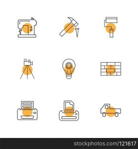 swing machine , hammer, paint roller,  camera , hardware , tools ,labour , constructions , icon, vector, design,  flat,  collection, style, creative,  icons , electronics , 