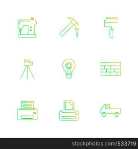swing machine , hammer, paint roller, camera , hardware , tools ,labour , constructions , icon, vector, design, flat, collection, style, creative, icons , electronics ,