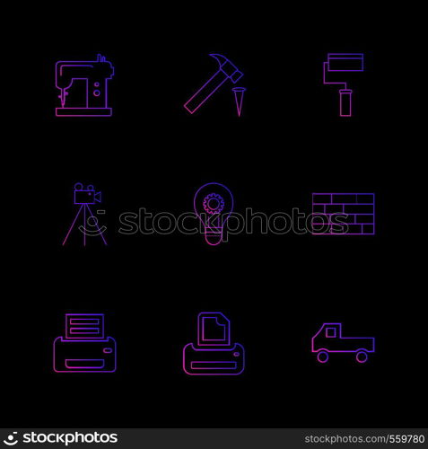 swing machine , hammer, paint roller, camera , hardware , tools ,labour , constructions , icon, vector, design, flat, collection, style, creative, icons , electronics ,