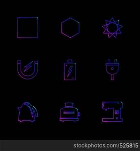 swing machine , toster , kettle , battery , shapes , electronic , time , ecology , icon, vector, design, flat, collection, style, creative, icons , traingle , square , hexagon , pentagon , battery , electricity ,