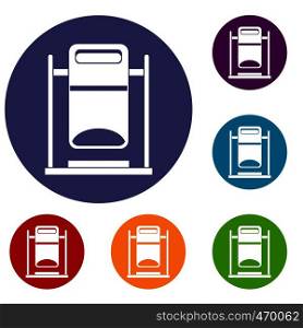 Swinging trashcan icons set in flat circle reb, blue and green color for web. Swinging trashcan icons set