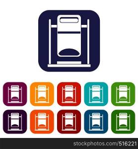 Swinging trashcan icons set vector illustration in flat style in colors red, blue, green, and other. Swinging trashcan icons set
