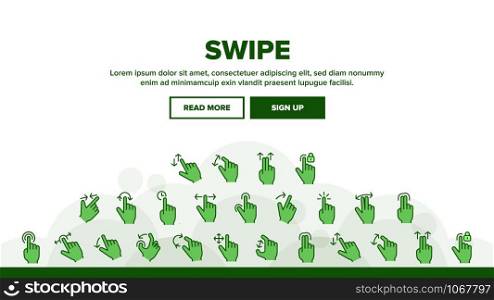 Swipe Gesture Touches Landing Web Page Header Banner Template Vector. Touchscreen Swipe Gesturing. Drag Finger In Various Directions. Using Sensory Devices Illustration. Swipe Gesture Touches Landing Header Vector