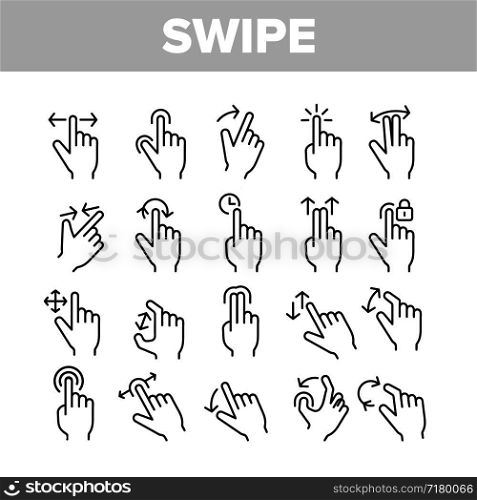 Swipe Gesture Touches Vector Linear Icons Set. Touchscreen Swipe Gesturing Outline Cliparts. Drag Finger In Various Directions Pictograms Collection. Using Sensory Devices Thin Line Illustration. Swipe Gesture Touches Vector Linear Icons Set