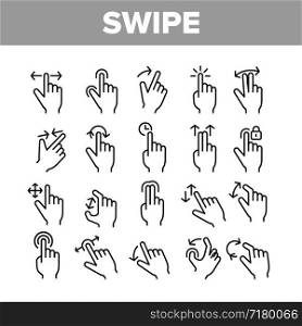 Swipe Gesture Touches Vector Linear Icons Set. Touchscreen Swipe Gesturing Outline Cliparts. Drag Finger In Various Directions Pictograms Collection. Using Sensory Devices Thin Line Illustration. Swipe Gesture Touches Vector Linear Icons Set