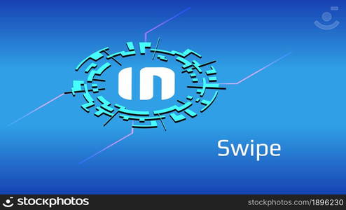 Swipe SXP isometric token symbol of the DeFi project in digital circle on blue background. Cryptocurrency wallet icon. Decentralized finance programs. Vector EPS10.