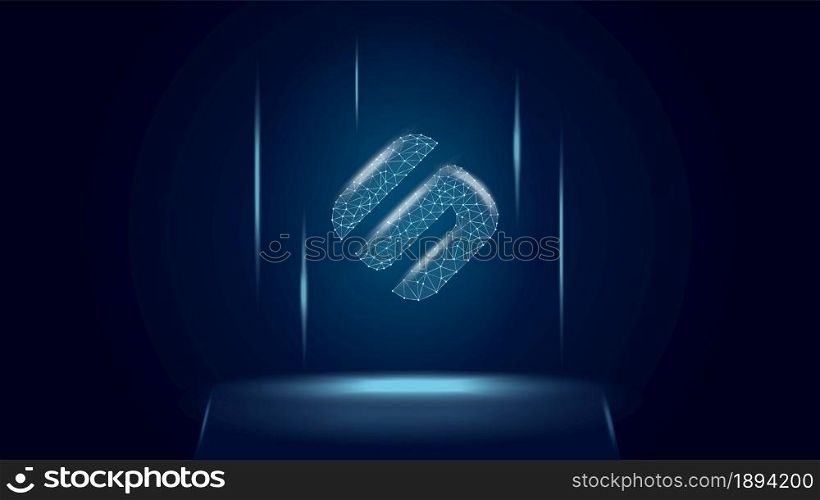 Swipe SXP token symbol of the DeFi system above the pedestal. Cryptocurrency logo icon. Decentralized finance programs. Vector illustration for website or banner.
